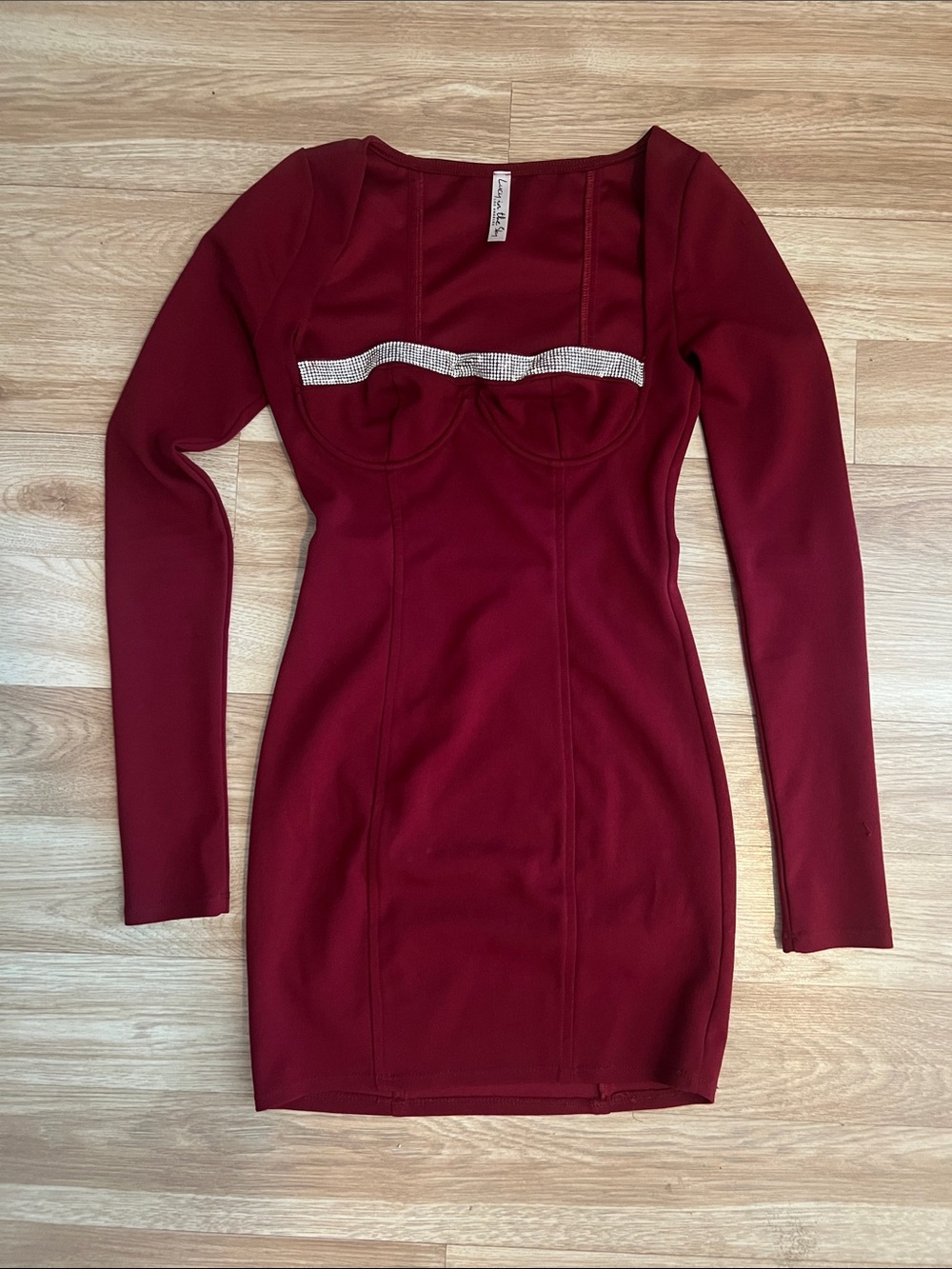 Lucy in the Sky Burgundy Long Sleeve Bodycon Dress with Rhinestone Bust